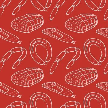 Seamless line art style pattern with sausage and ham. Perfect for butcher shop Stock Illustration