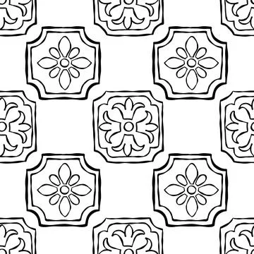 Seamless line art tile pattern with floral ornament Stock Illustration