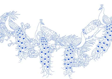 Seamless line border with peacocks. Tropical exotic birds. Wild fauna of ju.. Stockillustratie
