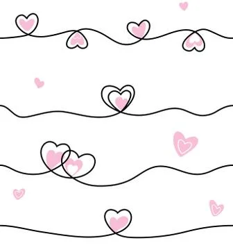 Seamless line heart pattern. Cute style background with pink hearts and black Stock Illustration