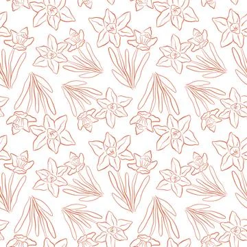 Seamless line pattern with daffodil flowers and leaves in a line art style Stock Illustration