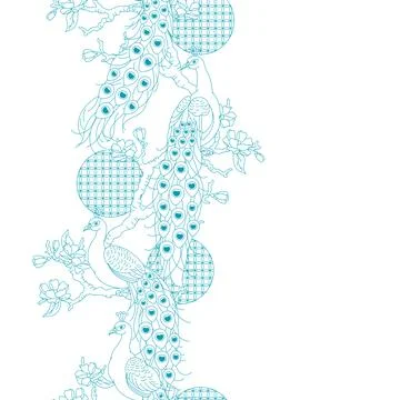 Seamless line pattern with peacocks forest. Tropical exotic birds. Wild fauna Stock Illustration