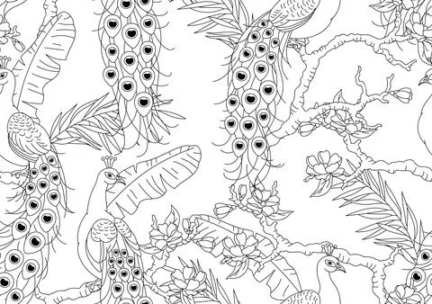 Seamless line pattern with peacocks. Tropical exotic birds. Wild fauna of j.. Stock Illustration