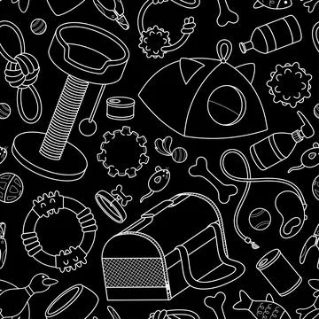Seamless line pattern pet shop on black background Stock Illustration