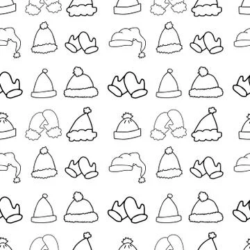 Seamless line pattern, set of cute hand-drawn hats and mittens isolated on wh Stock Illustration