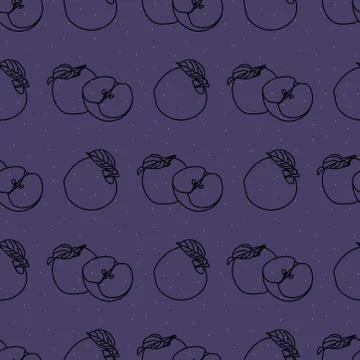 Seamless linear apples illustration pattern on blue background. Stock Illustration