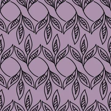 Seamless linear pattern with leaves in black and purple texture background. Illustrazione stock