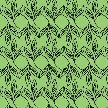 Seamless linear pattern with leaves in black and green texture background. Stock Illustration