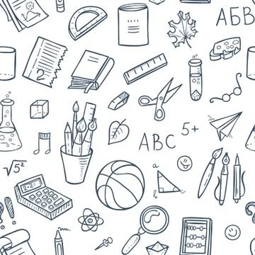 Seamless lined back to school pattern with supplies stationary and other crea 스톡 일러스트