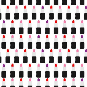 Seamless lipstick pattern of red and pink makeup shades in black tubes, hand Stock Illustration