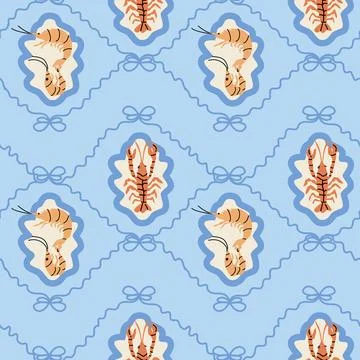 Seamless lobster and shrimp pattern with nautical elements on light blue Illustrazione stock