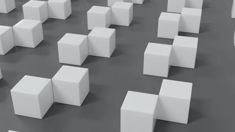 Seamless loop 3D abstract animation of rotating white cubes on dark gray surface Stock Footage 335958616
