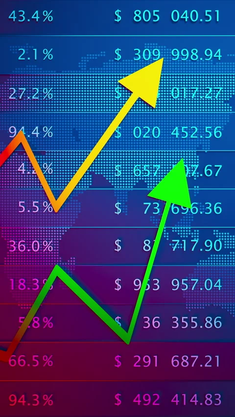 Seamless loop 3D animation of colorful rising financial charts. Stock-Footage 348019438