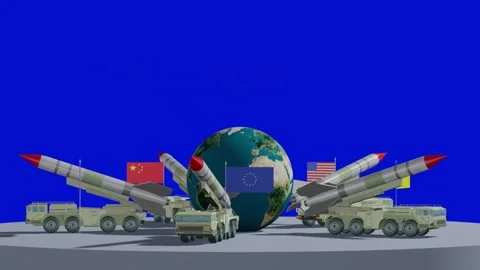 Seamless loop 3D animation of missile systems with the flags of the USA, Russ Stock Footage 329532918