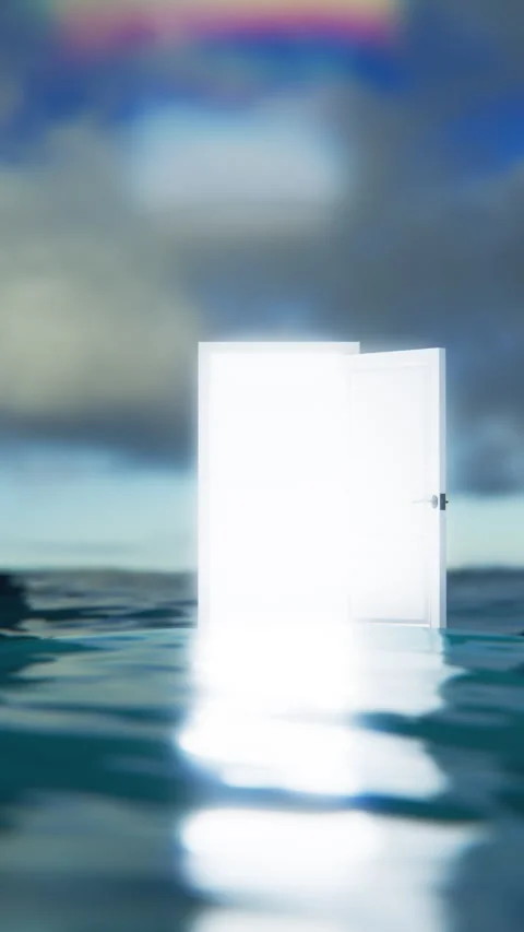 Seamless loop 3d animation of opening door with glowing light on dark blue ocean Stock Footage 308916059