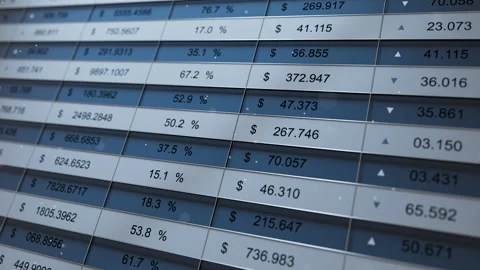 Seamless loop 3D financial data table and market dashboard Stock Footage 322018002