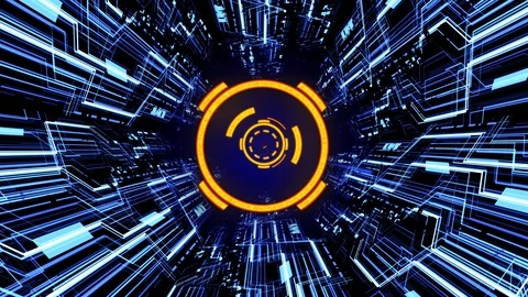 Seamless Loop 3D Futuristic Digital Circuit Tunnel and Tech Circles(Orange-Blue) Stock Footage 129003583