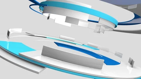 Seamless loop: 3D glossy reflective white and blue curved shapes rotating Vidéo 81020582