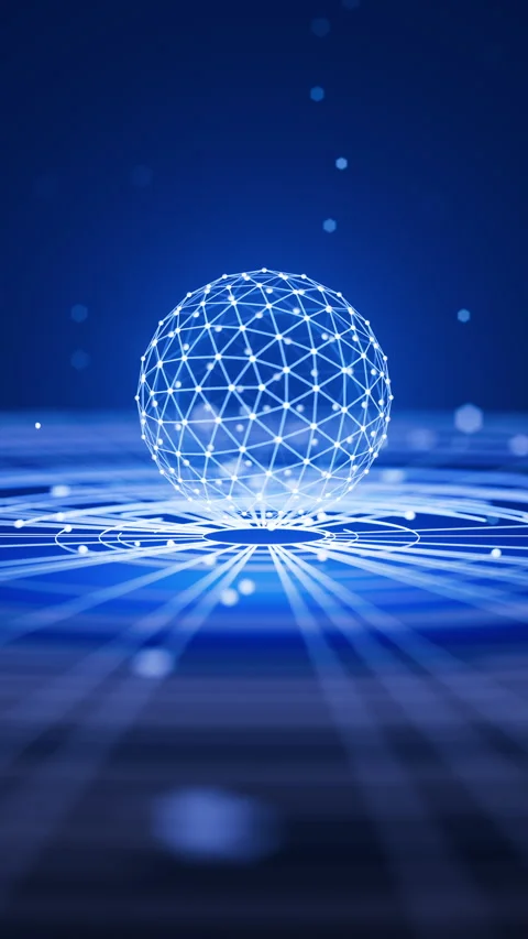 Seamless loop of a 3D network sphere over dynamic grid waves in deep blue. Stock Footage 315527274