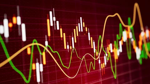 Seamless loop 3D red candlestick chart with indicator lines. Video stock 322912227