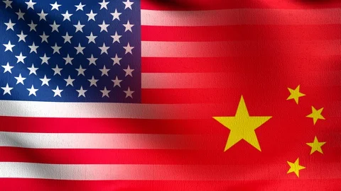 Seamless Loop 4K VDO. United States of America or USA vs China national flag  Stock Footage 129545662