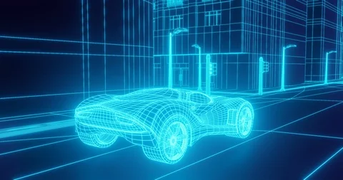 Seamless loop abstract 3D CG car wireframe animation rendering glowing neon Stock Footage