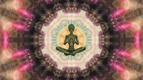 Seamless loop alien with body paint meditating or doing yoga on a psychedelic ba イラスト素材