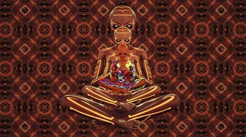 Seamless loop alien with body paint meditating or doing yoga om a psychedelic ba Foto stock