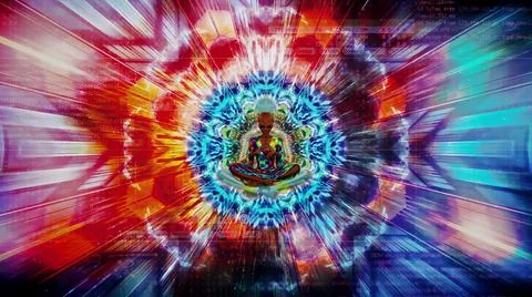 Seamless loop alien with body paint meditating or doing yoga om a psychedelic ba Stock Photos