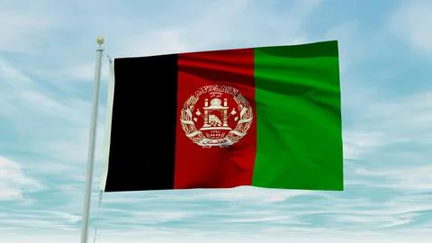 Seamless loop animation of the Afganistan flag on a blue sky background. 3D.. Stock Illustration