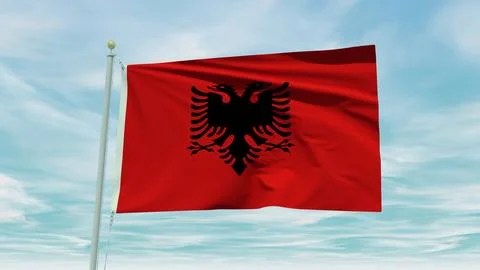 Seamless loop animation of the Albania flag on a blue sky background. 3D Il.. Stock Illustration