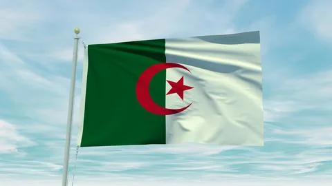Seamless loop animation of the Algeria flag on a blue sky background. 3D Il.. Stock Illustration