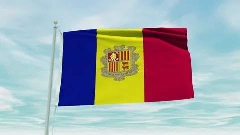 Seamless loop animation of the Andorra flag on a blue sky background. Stock Footage 211134574