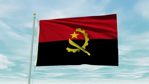 Seamless loop animation of the Angola flag on a blue sky background. 3D Ill.. Stock Illustration
