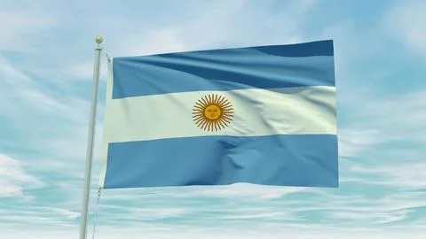 Seamless loop animation of the Argentina flag on a blue sky background. 3D .. Stock Illustration