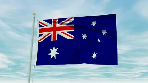 Seamless loop animation of the Australia flag on a blue sky background. 3D .. Illustrazione stock