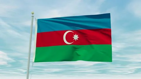 Seamless loop animation of the Azerbaijan flag on a blue sky background. 3D.. Stock Illustration