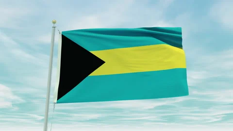 Seamless loop animation of the Bahamas flag on a blue sky background. Stock Footage 211132011