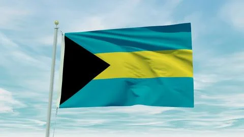 Seamless loop animation of the Bahamas flag on a blue sky background. 3D Il.. Stock Illustration