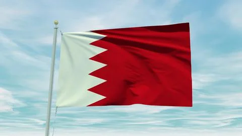 Seamless loop animation of the Bahrain flag on a blue sky background. 3D Il.. 스톡 일러스트