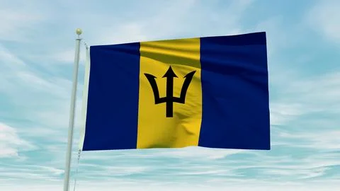 Seamless loop animation of the Barbados flag on a blue sky background. 3D I.. Stock Illustration