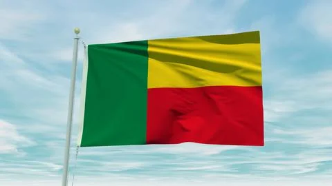 Seamless loop animation of the Benin flag on a blue sky background. 3D Illu.. Illustrazione stock