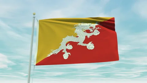Seamless loop animation of the Bhutan flag on a blue sky background. Stock Footage 211112139