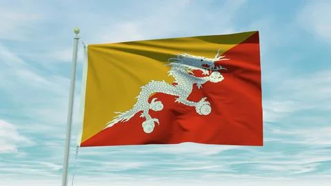 Seamless loop animation of the Bhutan flag on a blue sky background. 3D Ill.. Stock Illustration