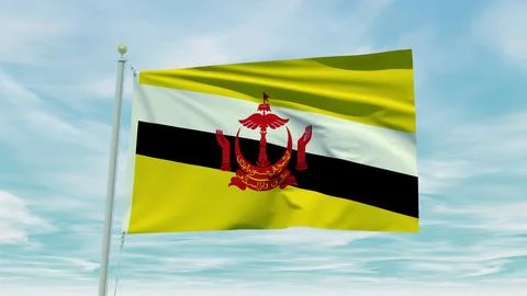 Seamless loop animation of the Brunei flag on a blue sky background. 3D Ill.. Stock Illustration
