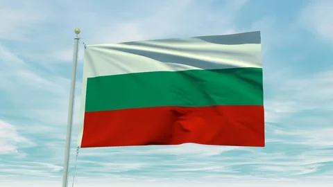 Seamless loop animation of the Bulgaria flag on a blue sky background. 3D I.. Stock Illustration