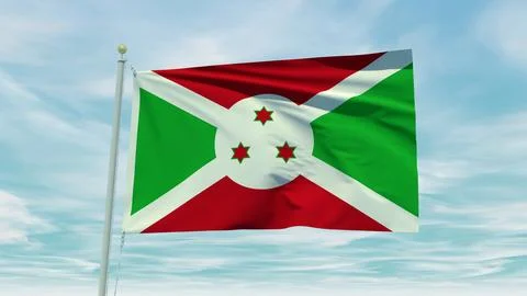 Seamless loop animation of the Burundi flag on a blue sky background. 3D Il.. Stock Illustration