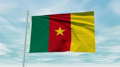 Seamless loop animation of the Cameroon flag on a blue sky background. 3D I.. Stock Illustration