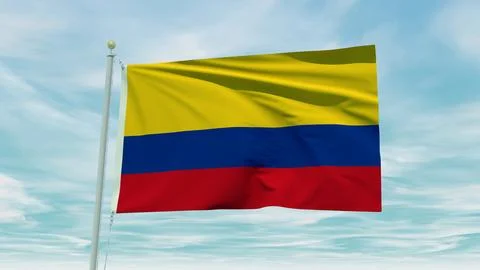 Seamless loop animation of the Colombia flag on a blue sky background. 3D I.. Stock Illustration