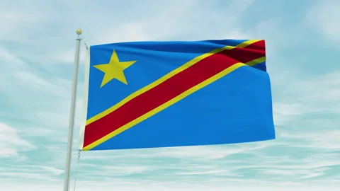Seamless loop animation of the Congo Democratic Republic flag on a blue sky Stock Footage 211107754